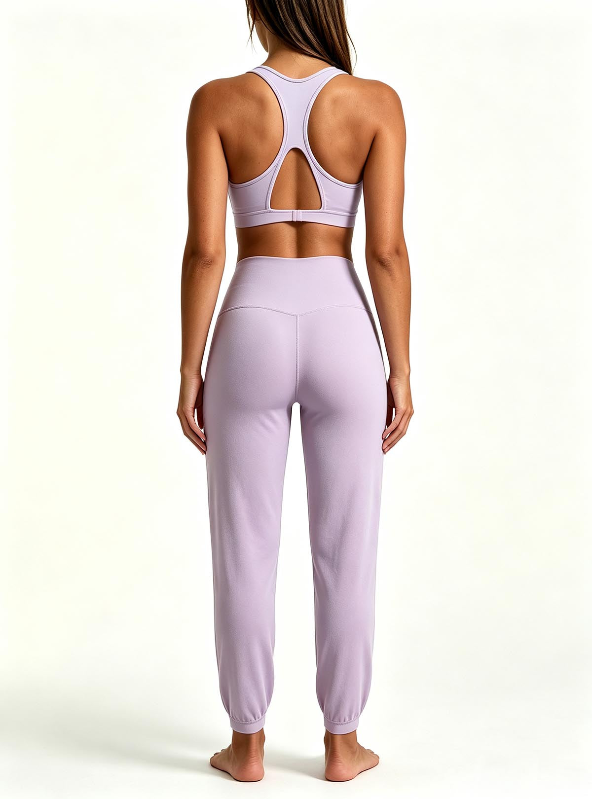 Haideyu OEM custom women lavender yoga outfit, racerback sports bra, full‑body back view, plain white studio background