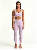 Haideyu OEM custom women lavender yoga set, sports bra and wide leg pants, studio full‑body front view on white background