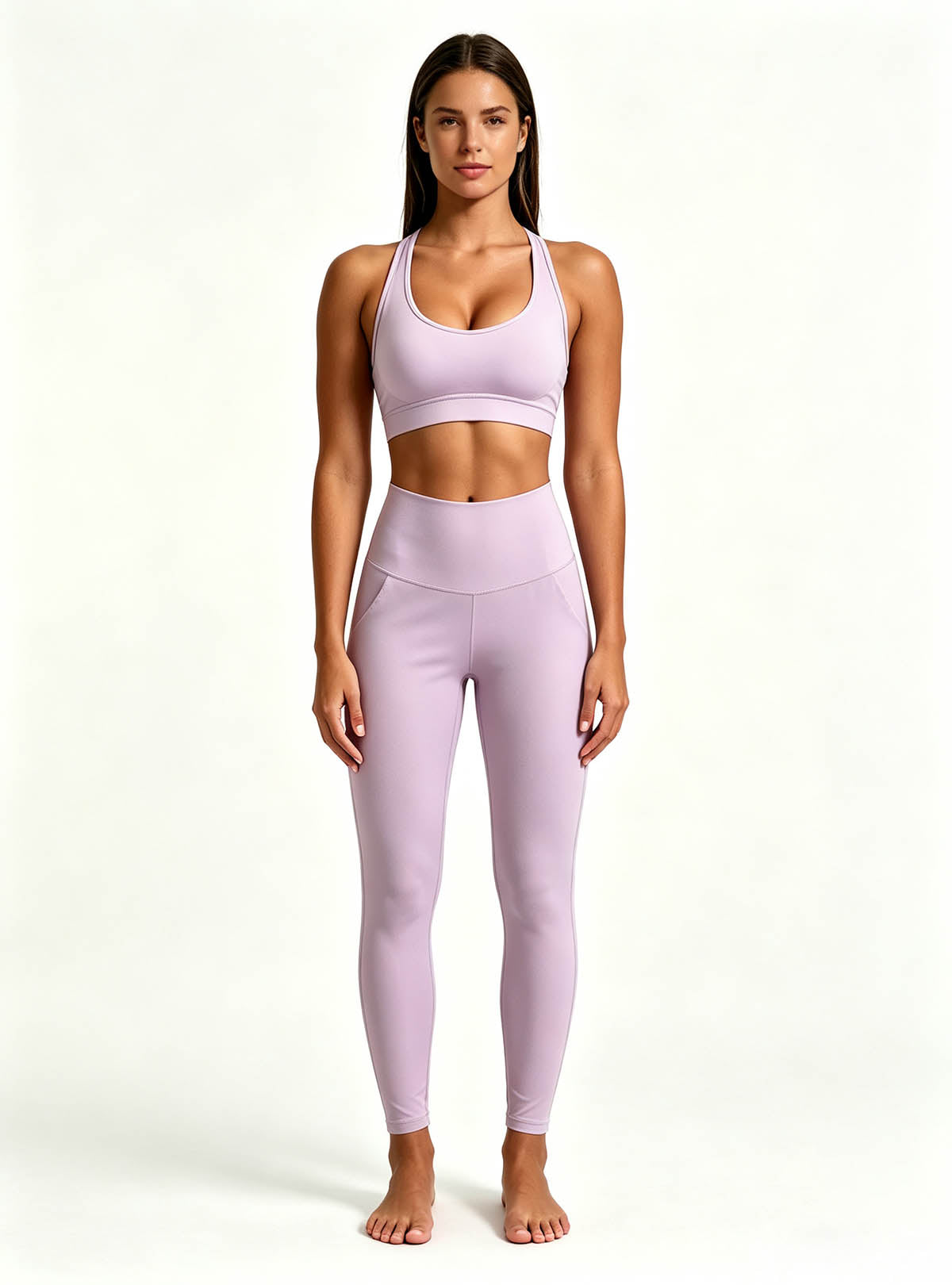 Haideyu OEM custom women lavender yoga set, sports bra and wide leg pants, studio full‑body front view on white background
