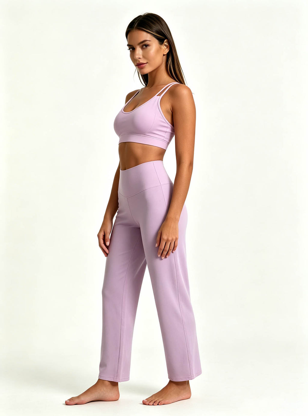 Haideyu OEM custom women lavender 2‑piece yoga set, sports bra and trousers, 45‑degree side pose, white background