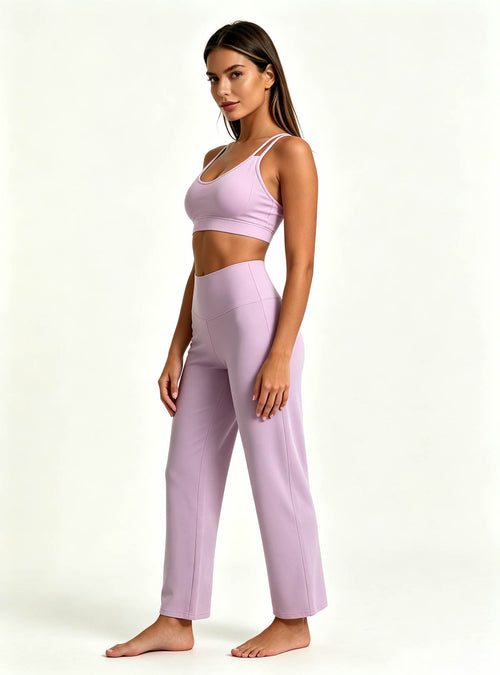 Haideyu OEM custom women lavender 2‑piece yoga set, sports bra and trousers, 45‑degree side pose, white background