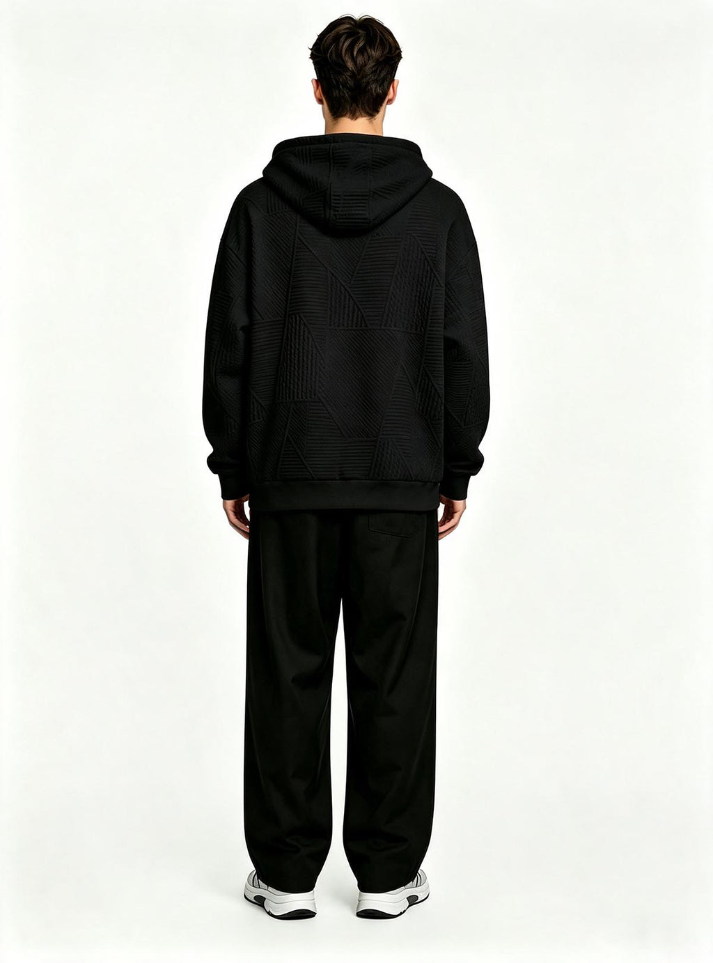 Haideyu relaxed fit black textured hoodie for men, long‑sleeve henley pullover top, male‑model back‑view shot solid white backdrop
