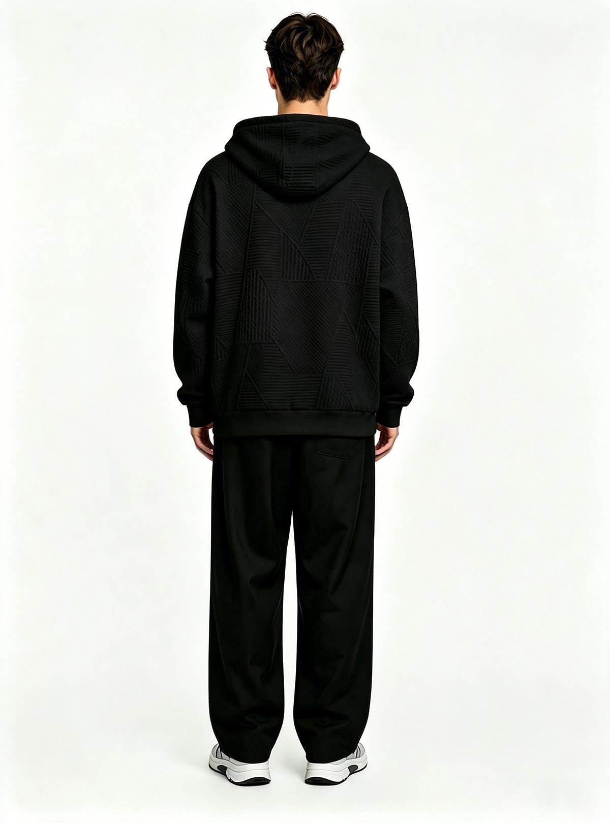 Haideyu relaxed fit black textured hoodie for men, long‑sleeve henley pullover top, male‑model back‑view shot solid white backdrop