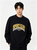 Haideyu relaxed fit navy blue crew neck sweatshirt for men, custom vintage crest artwork print, male model studio photo solid white backdrop