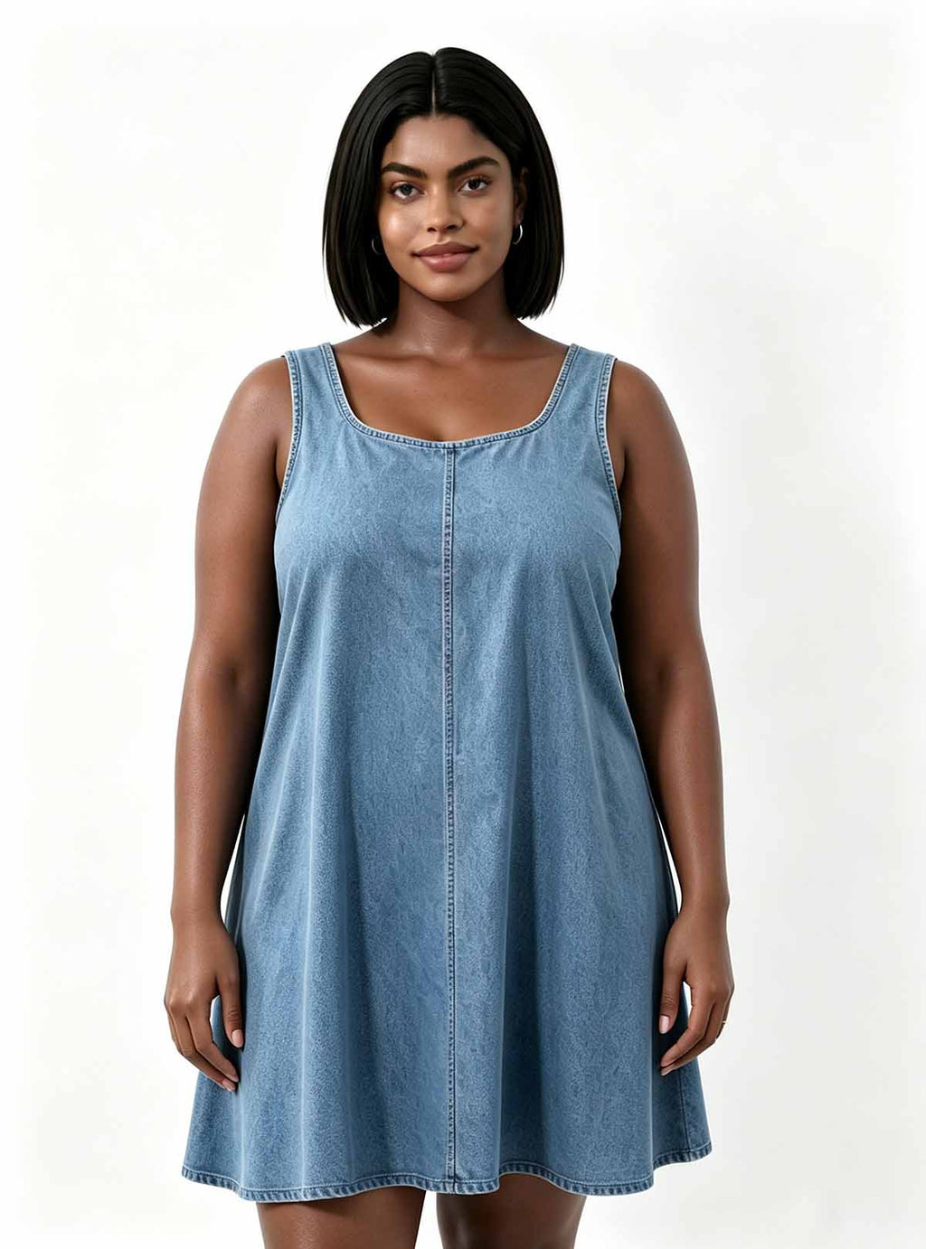 Haideyu OEM Custom Plus‑Size Women Sleeveless Denim Mini Dress, Front View, Loose‑Fit Casual Summer Outfit