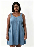 Haideyu OEM Custom Plus‑Size Women Sleeveless Denim Mini Dress, Front View, Loose‑Fit Casual Summer Outfit