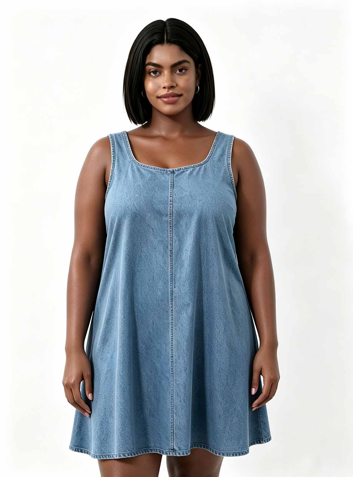 Haideyu OEM Custom Plus‑Size Women Sleeveless Denim Mini Dress, Front View, Loose‑Fit Casual Summer Outfit