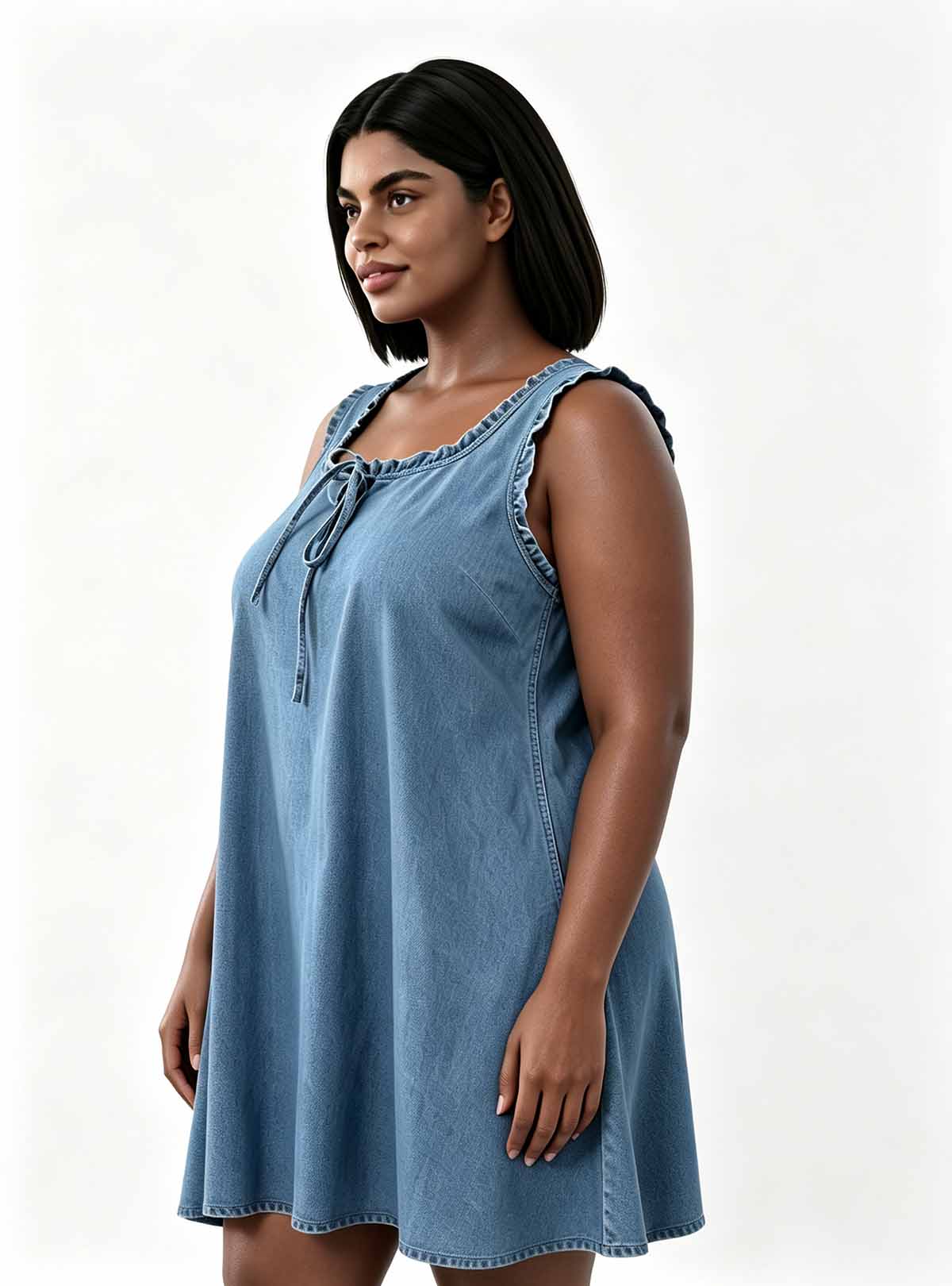 Haideyu Custom‑made Loose‑Fit Denim Dress, Left Side Profile, Plus‑Size Sleeveless Summer Dress