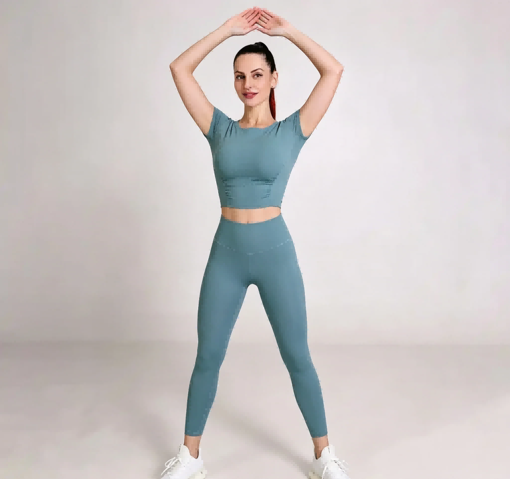 Haideyu factory custom women short sleeve yoga set front view, quick dry breathable crop top and high waist pocket leggings OEM custom‑made activewear