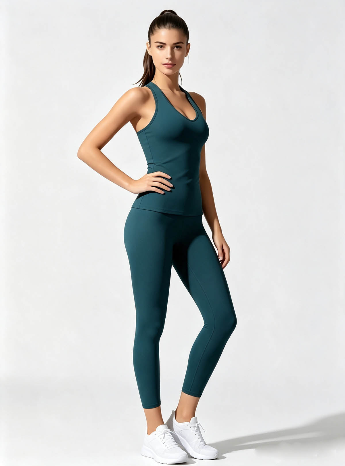 Deep Teal Halter Neck Sleeveless Tank Top And High‑waist Yoga Leggings Two‑piece Outfit, Caucasian Virtual Model Side‑Standing Pose, Soft Stretchy Custom Women Active‑wear Provided By Haideyu OEM ODM Apparel Manufacturing