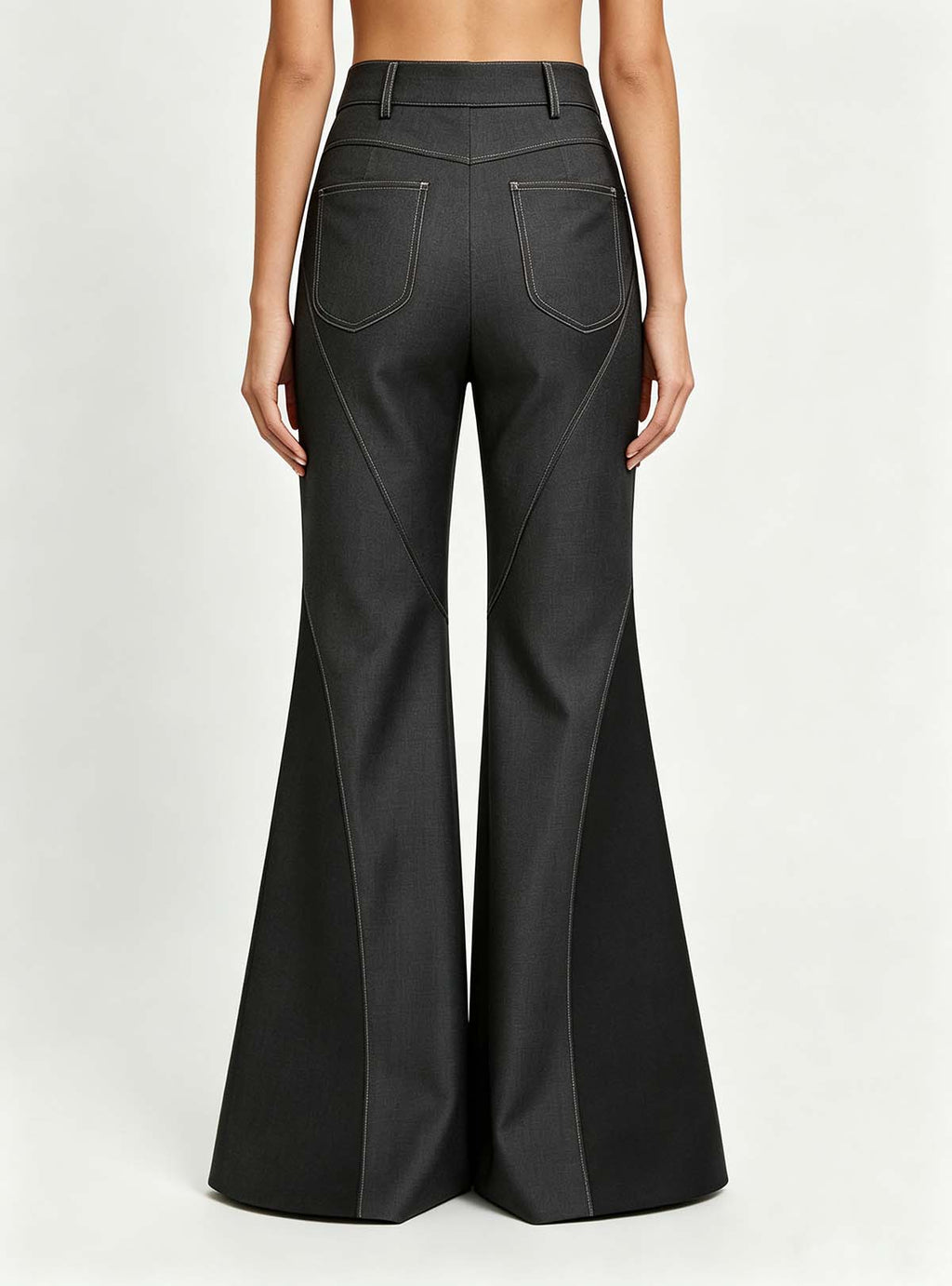 Women high‑waist large bell‑bottom flared trousers back full‑length view, color‑block panel design custom ladies pants