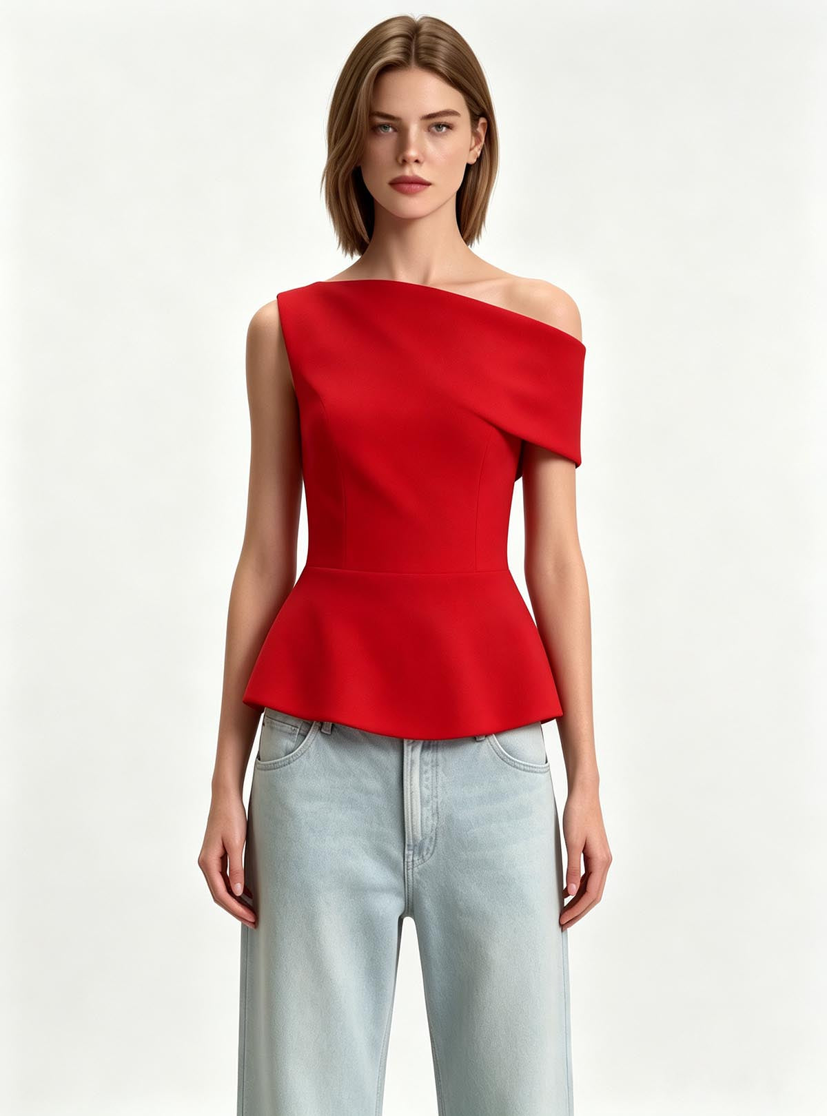 Haideyu OEM Custom Women Red Off‑Shoulder Peplum Top, Front View, Formal Sleeveless Blouse