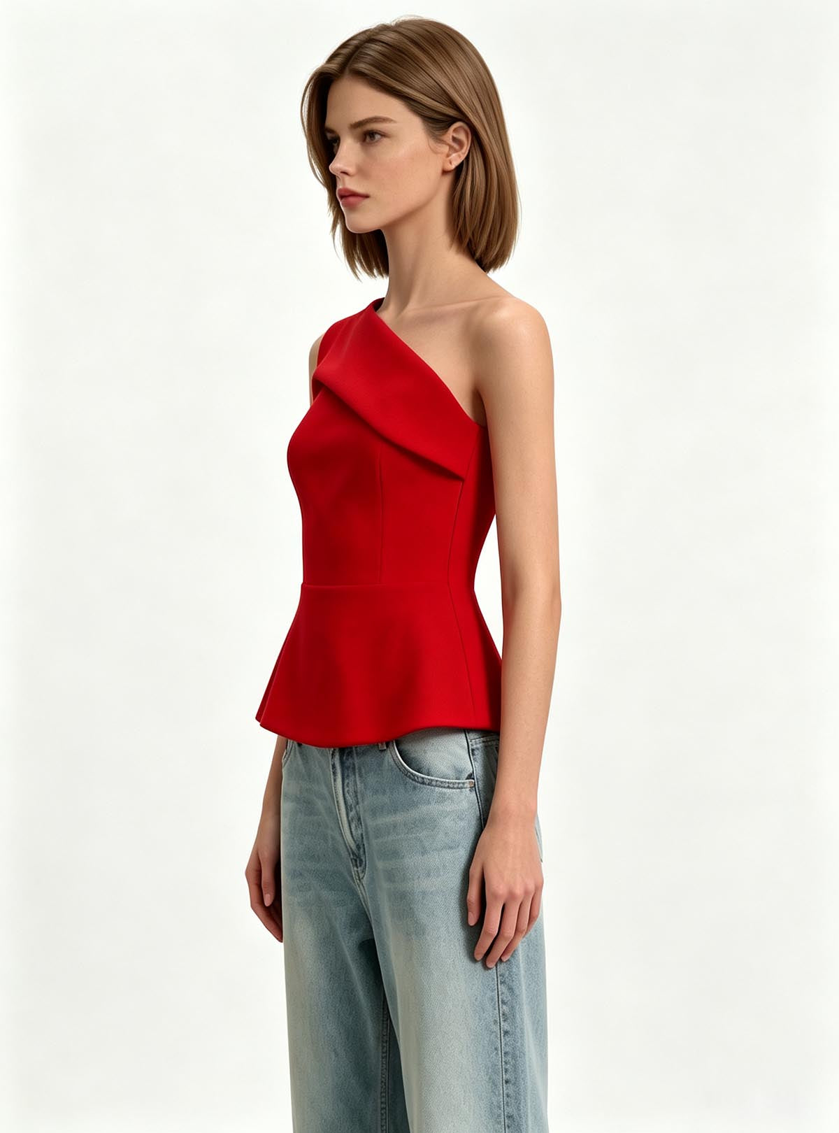 Haideyu Custom Fitted Red Off‑Shoulder Top, Left Side Profile, Evening Casual Blouse