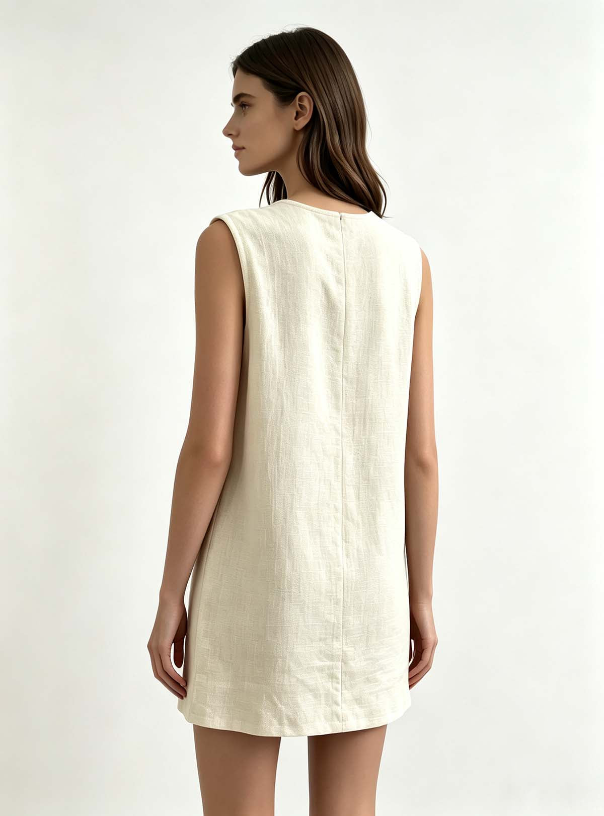 Haideyu ODM Women Loose‑fit Linen Short Dress, Back View, Sleeveless Casual Appare