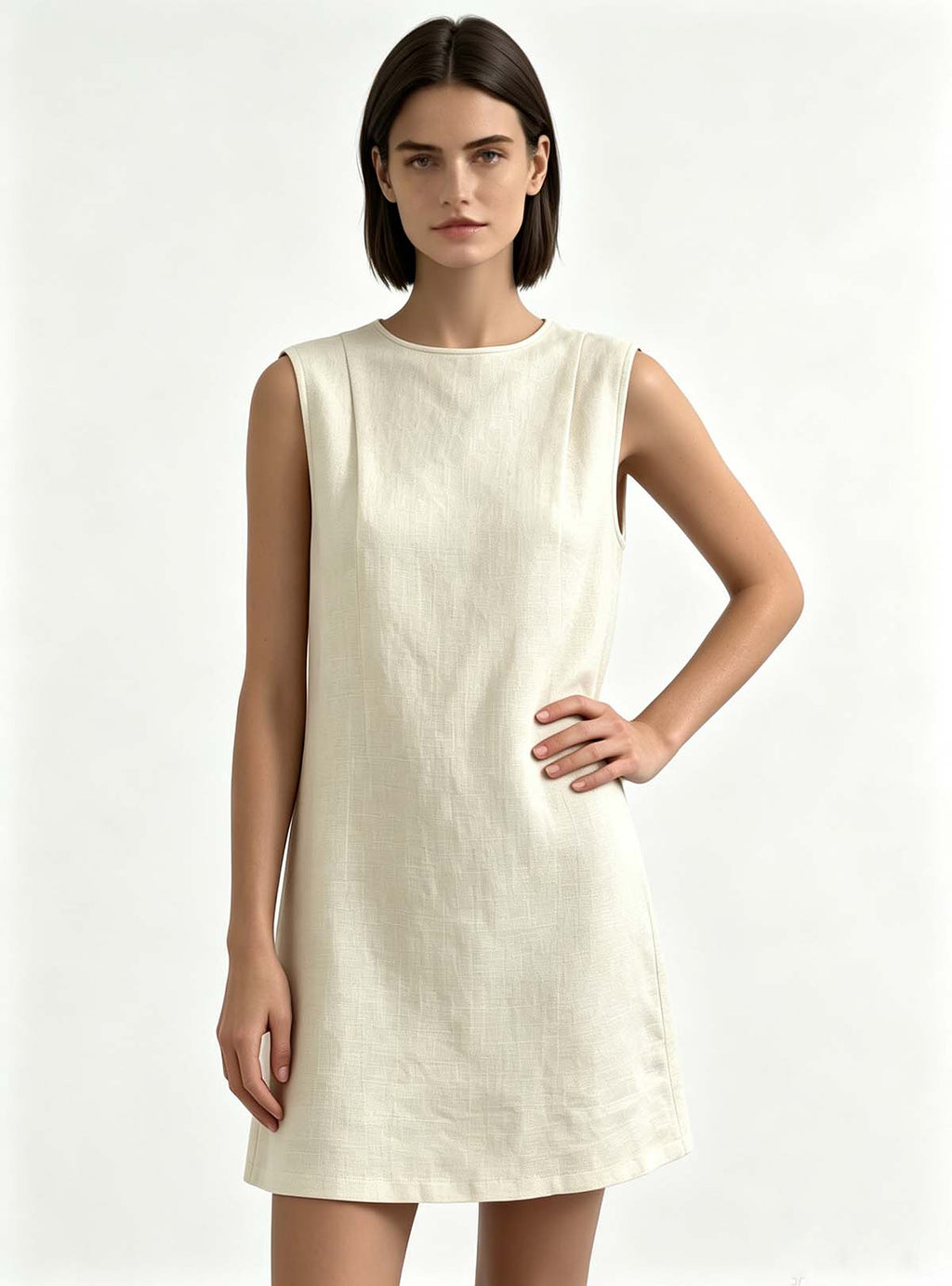 Haideyu OEM Custom Women Sleeveless Linen Mini Dress, Front View, Casual Loose‑Fit Summer Dress
