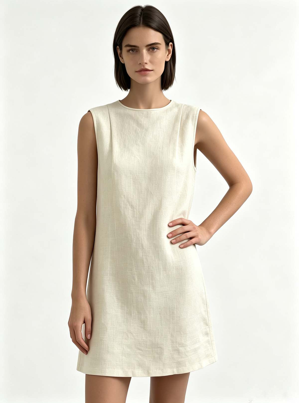 Haideyu OEM Custom Women Sleeveless Linen Mini Dress, Front View, Casual Loose‑Fit Summer Dress