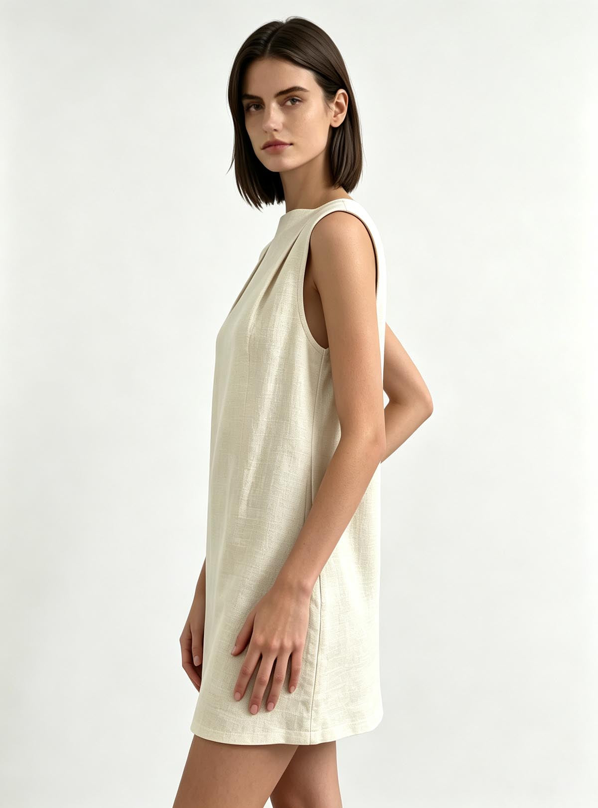 Haideyu Custom‑made Summer Linen Mini Dress, Left Side Profile, Women Sleeveless Shift Dress