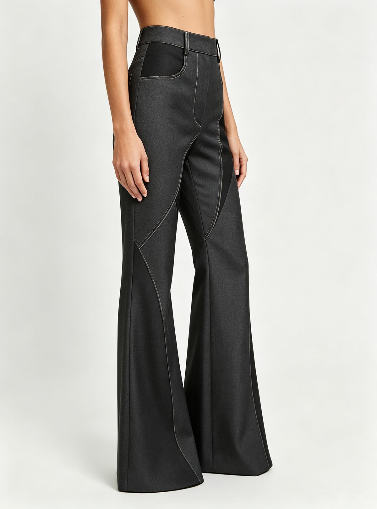 Ladies dark grey spliced wide leg bell‑bottom flared trousers, 45 degree side view, custom apparel manufacturing