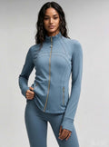 Haideyu women full zip stand‑collar fitness jacket, custom athletic activewear, front view, OEM ODM sportswear