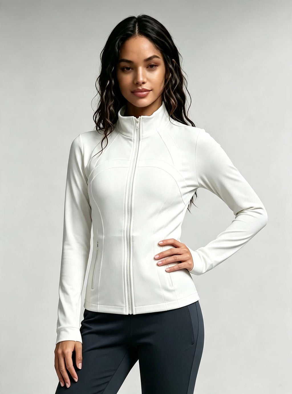 Haideyu OEM Custom Women Full‑Zip Yoga Jacket, Front View, Fitted Long‑Sleeve Activewear Coat