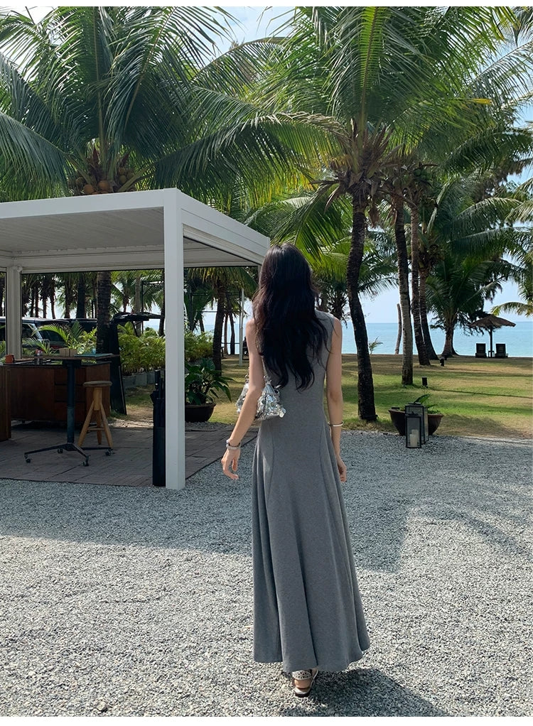 hdfish black sleeveless bodycon maxi dress, sleek a-line knit dress for luxury hotel occasions