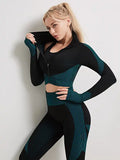  hdfish women's 3-piece black teal seamless workout set with zip-up jacket, sports bra and leggings