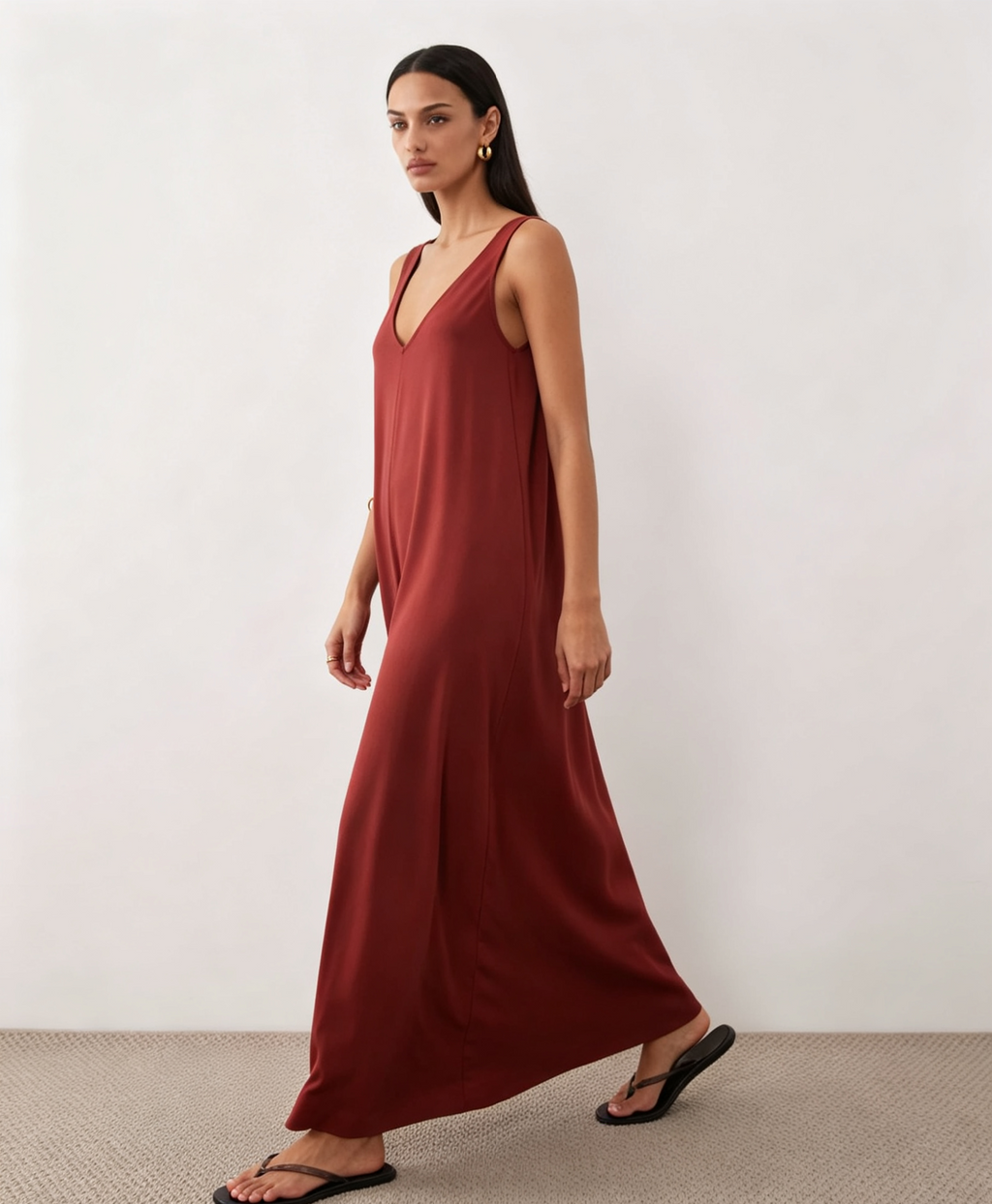 Hdfish Custom Solid Rust V-Neck Sleeveless Maxi Dress OEM ODM