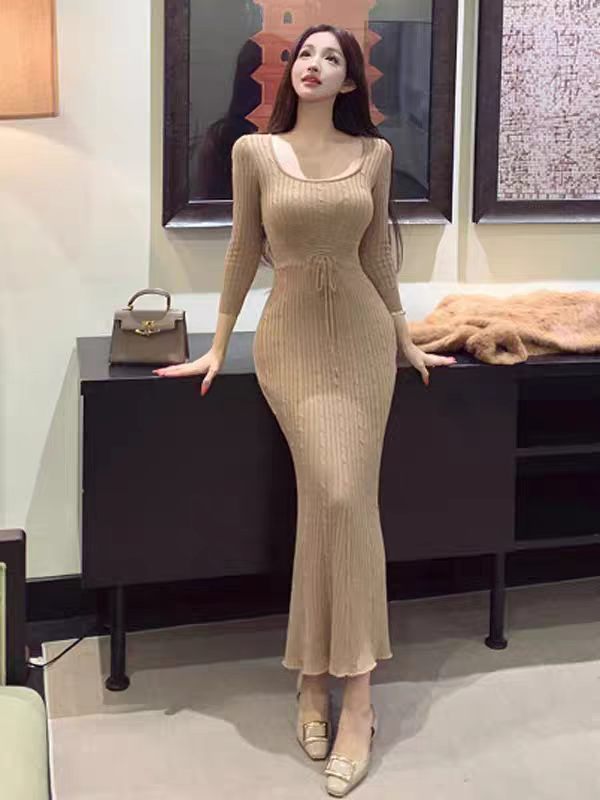 hdfish khaki ribbed knit mermaid dress, form-fitting long sleeve maxi dress for elegant occasions