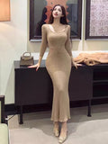 hdfish khaki ribbed knit mermaid dress, form-fitting long sleeve maxi dress for elegant occasions