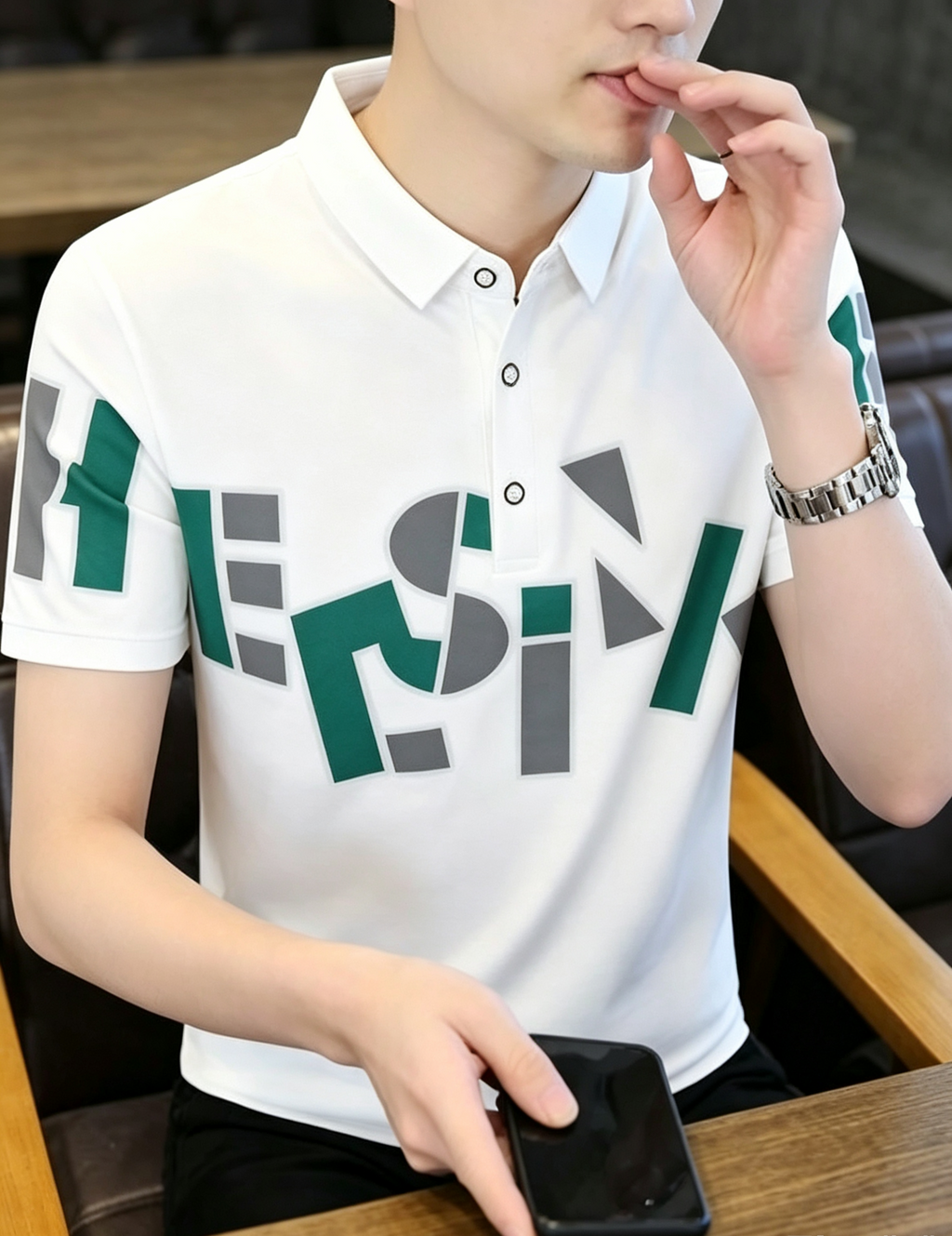 hdfish Men's Beige Short Sleeve Polo Shirt with Unique Letter Graphic, Stylish Casual Streetwear