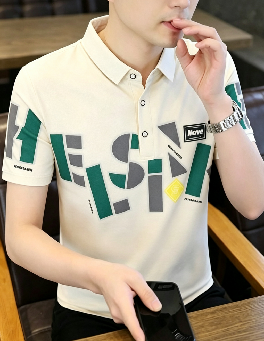 hdfish Men's Fashion Polo Shirt with Colorful Letter Graphic Print, Breathable Short Sleeve Top