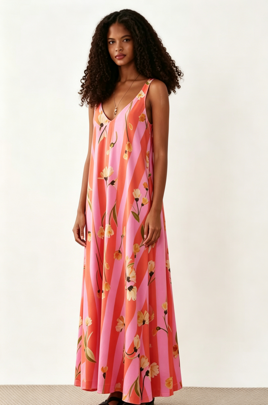 Hdfish OEM Printed Floral Stripe V-Neck Maxi Dress Bulk Order 50pcs MOQ