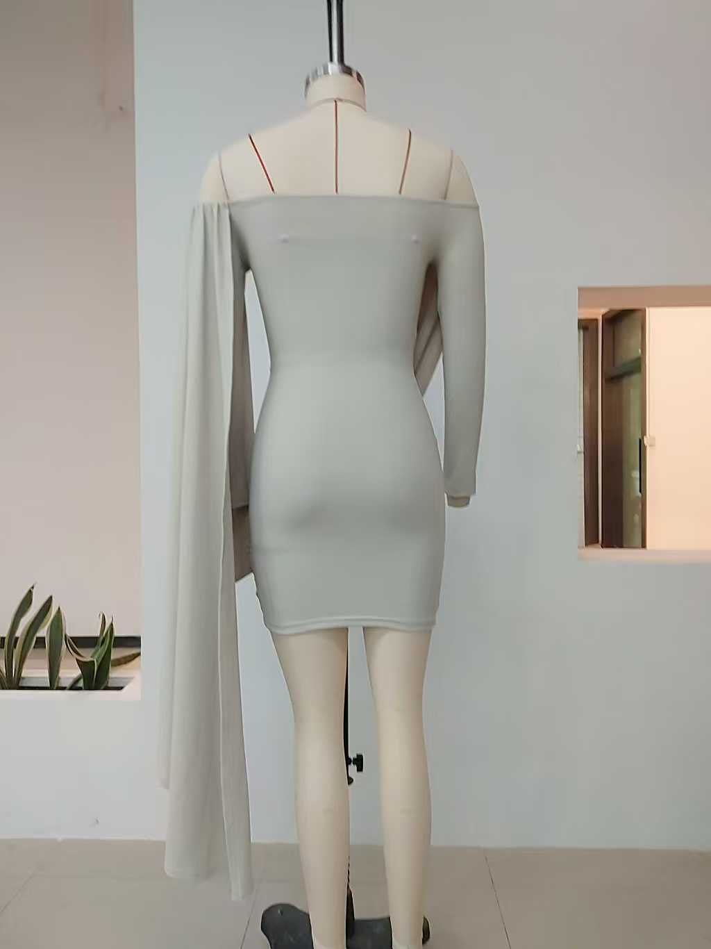 hdfish back view of gray off-shoulder draped mini dress, form-fitting long sleeve party dress