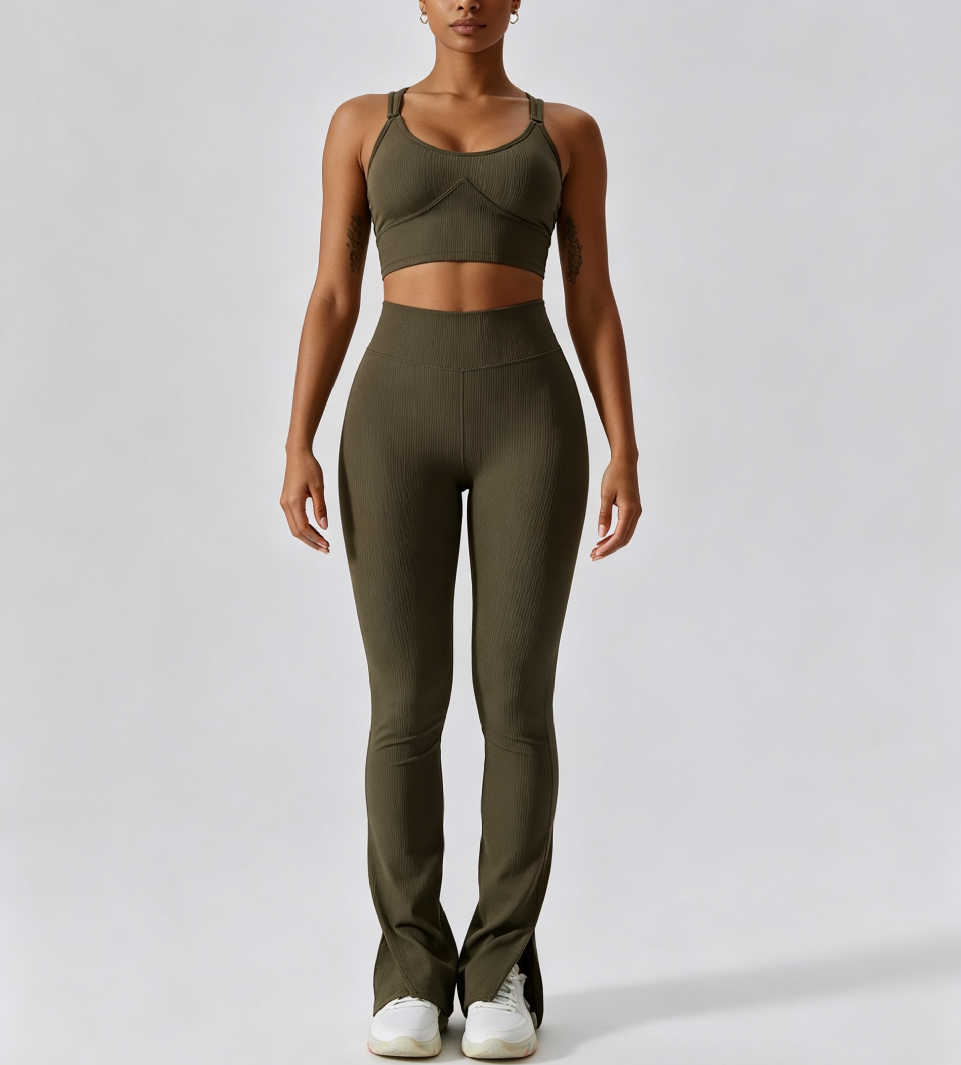  hdfish women's olive green ribbed yoga set with slit flare leggings and adjustable sports bra