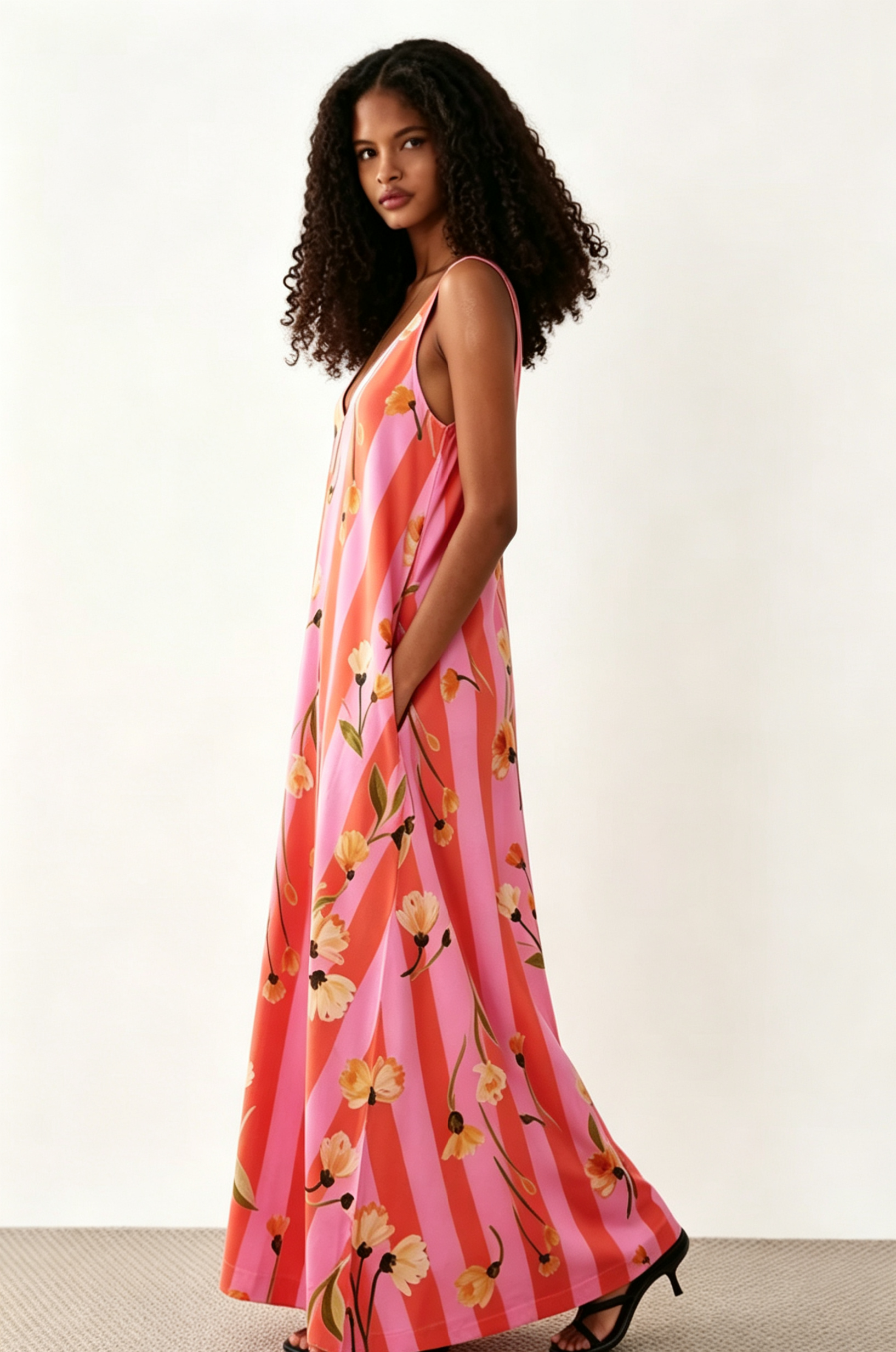 Hdfish Pink Coral Floral Striped A-Line Maxi Dress Custom Print FOB