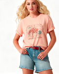 hdfish women's peach western horse graphic print t-shirt with rolled cuffs