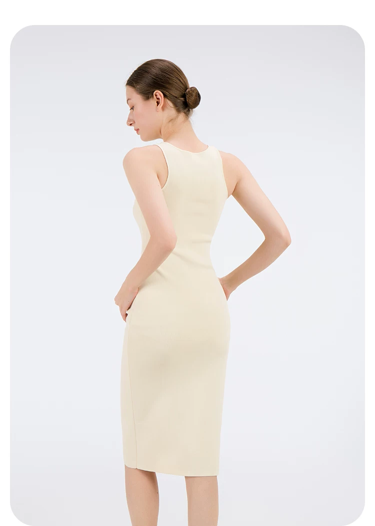 Hdfish Beige Ribbed Knit Sleeveless Midi Dress Seated Lifestyle Shot