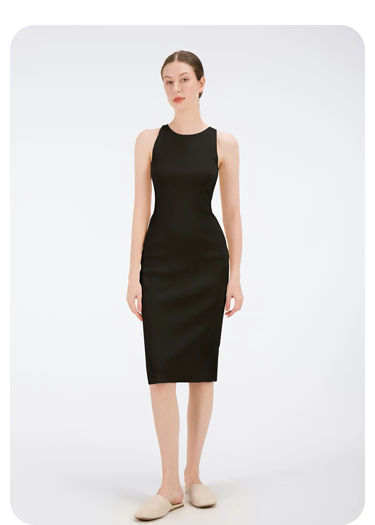 Hdfish Black Ribbed Knit Sleeveless Bodycon Midi Dress Full Front View