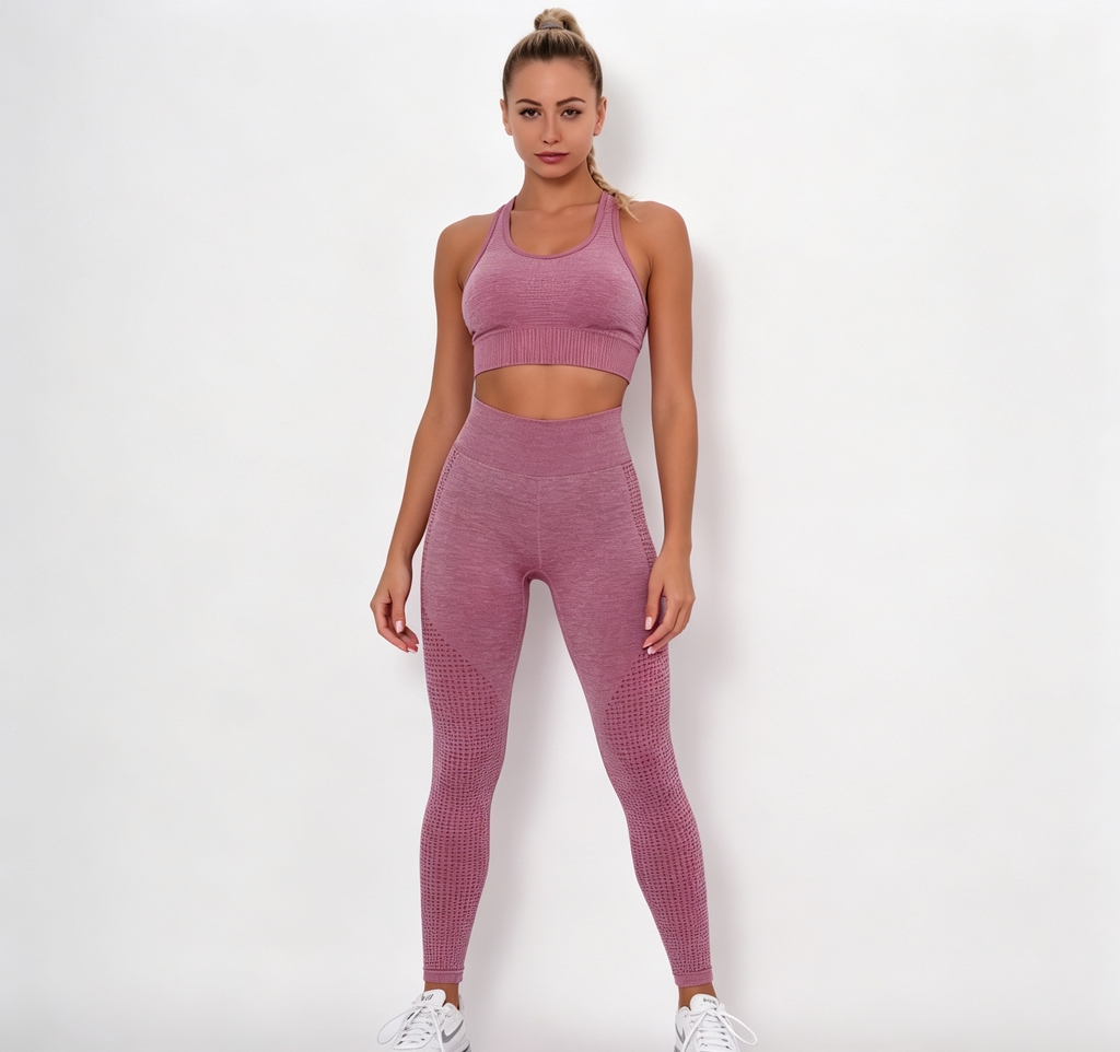 hdfish pink seamless gym outfit with supportive sports bra and compression leggings