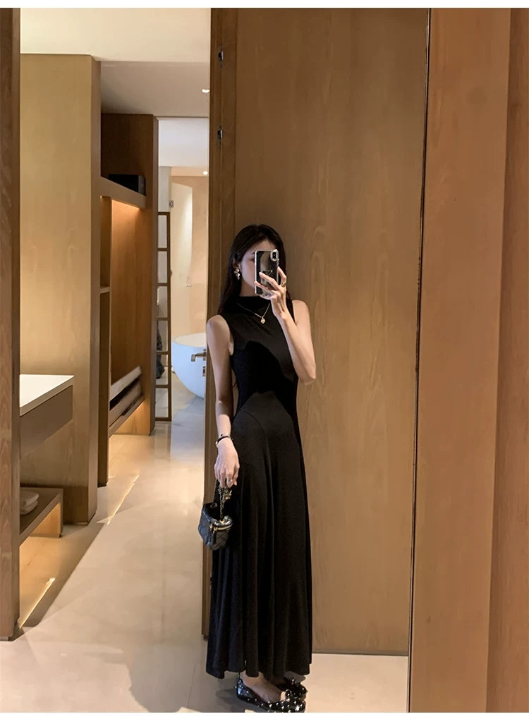 hdfish grey sleeveless high-neck knit maxi dress, elegant long a-line dress for beach vacation