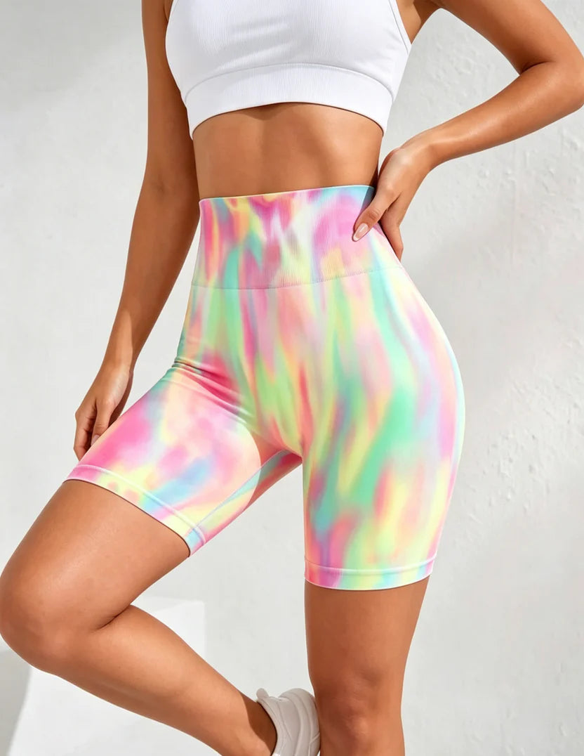 Hdfish Tie-Dye Seamless High-Waist Workout Shorts - Rainbow Pastel Action Shot