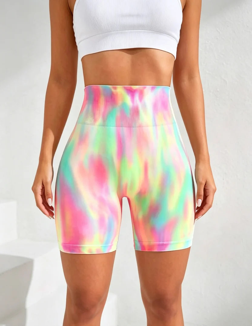 Hdfish Tie-Dye Seamless High-Waist Workout Shorts - Rainbow Pastel Full Front View