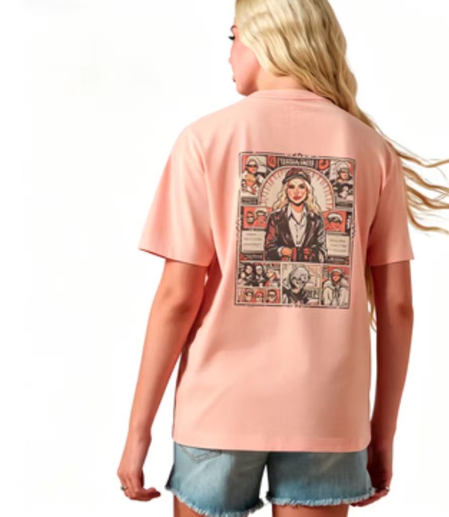 hdfish vintage cowboy print pink t-shirt paired with light blue denim shorts