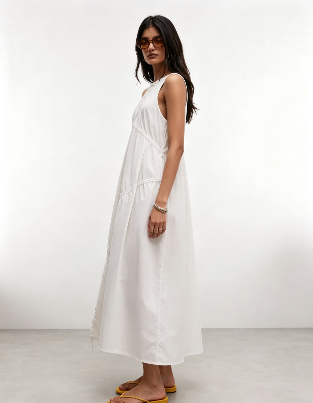 Hdfish Women's White Sleeveless Midi Dress with Diagonal Drawstring Ruched Details Casual Wear