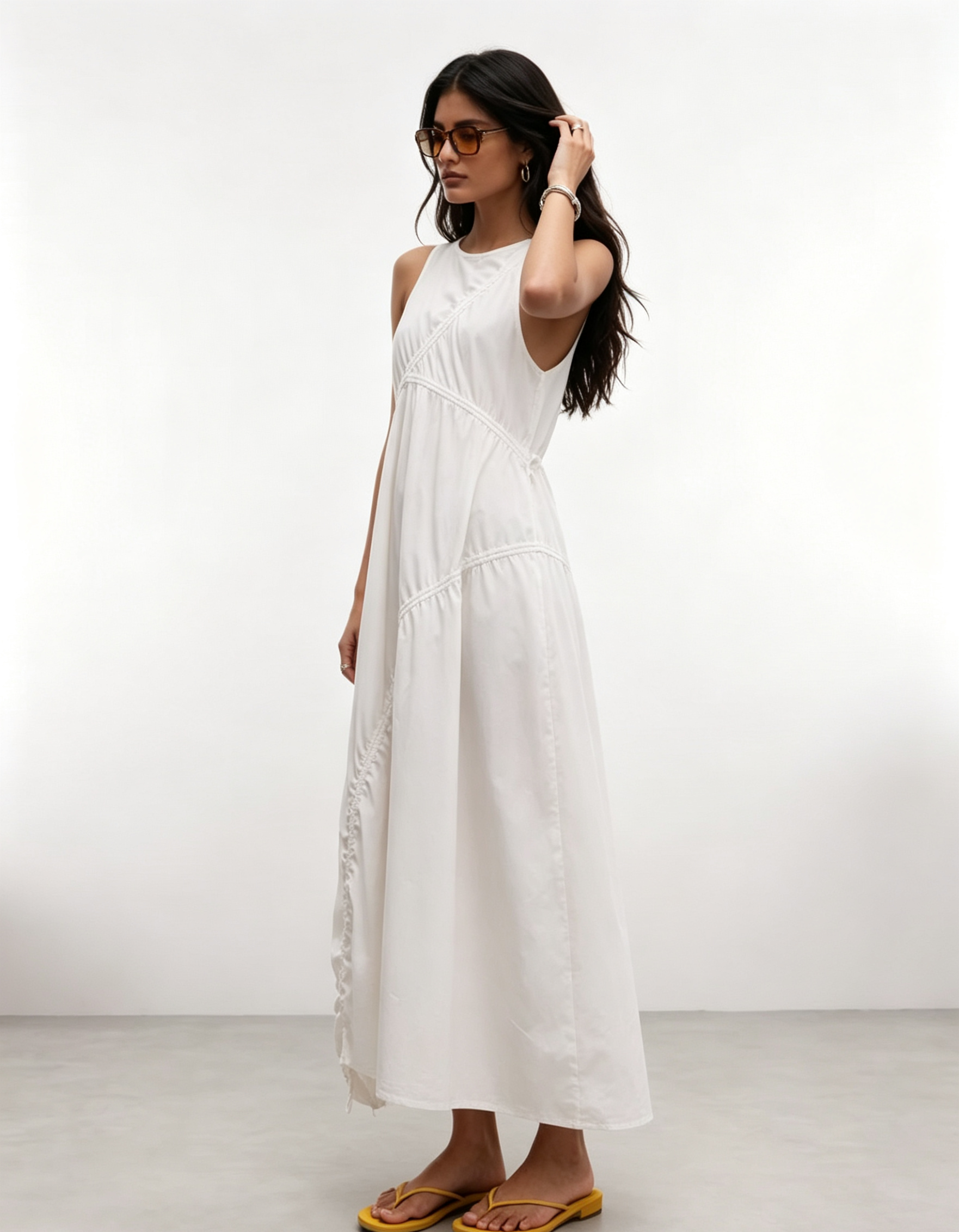 Hdfish Casual White Drawstring Ruched Midi Dress Sleeveless Loose Fit Cotton Dress OEM Custom