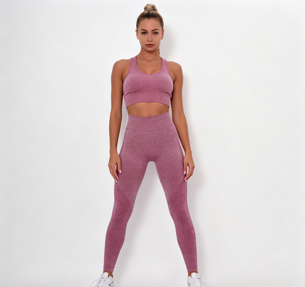 hdfish heather pink seamless yoga set with mesh detailing on high-waisted leggings