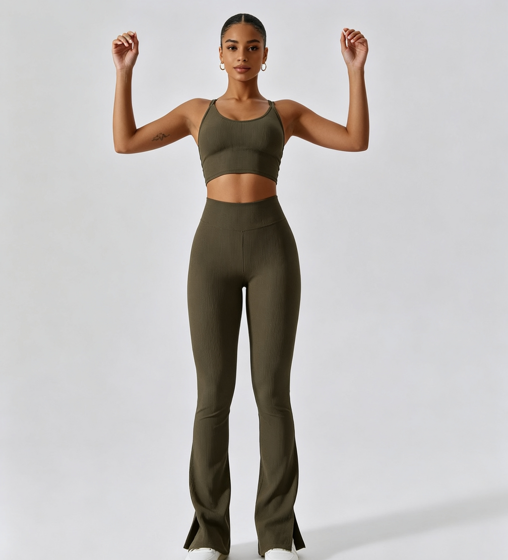 hdfish high-waisted ribbed flare workout leggings with matching cropped sports bra set