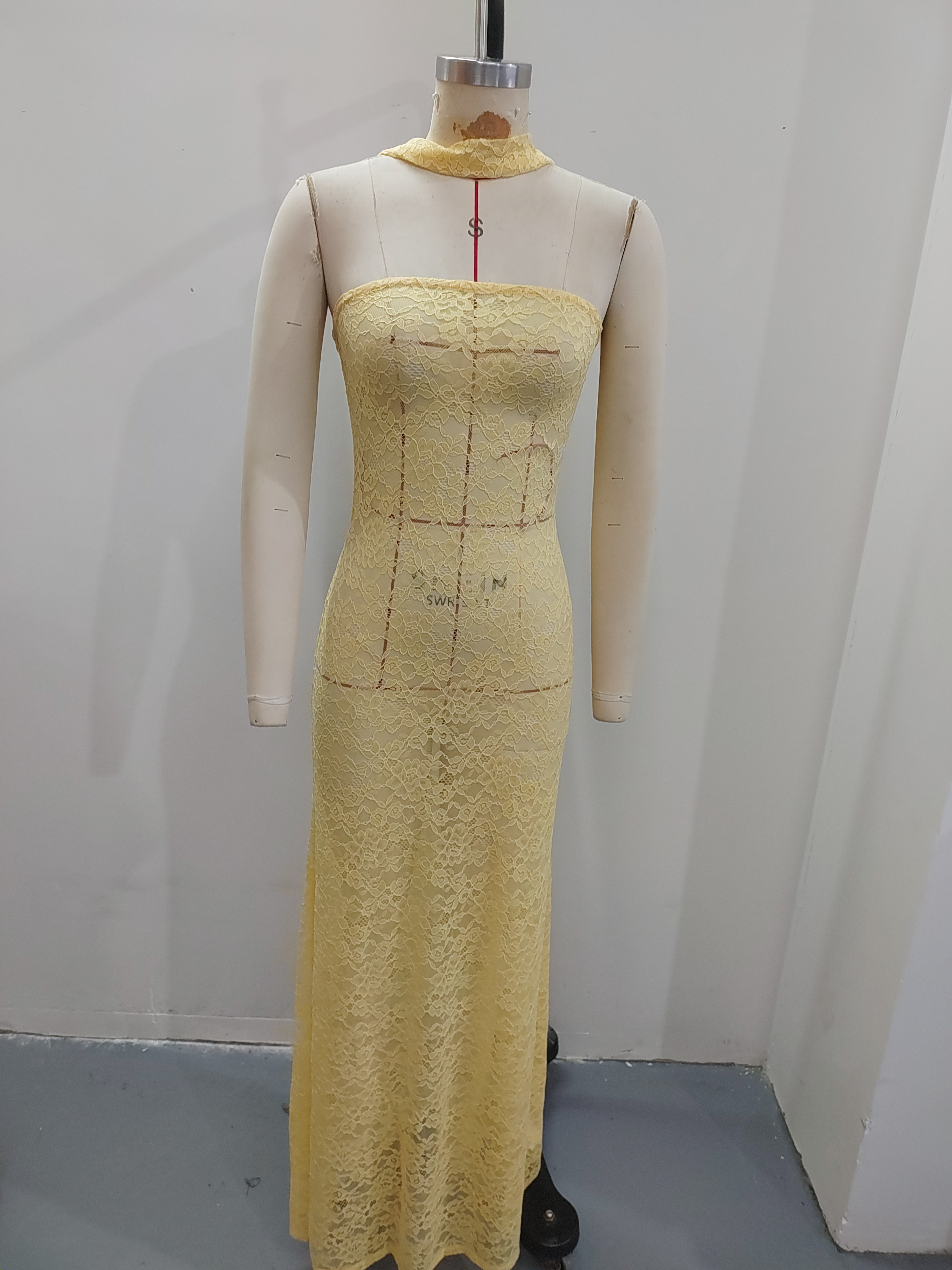 hdfish yellow lace strapless halter tie maxi dress, elegant bodycon evening gown