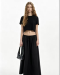 hdfish black cropped t-shirt and flowy maxi skirt set, minimalist casual outfit for daily wear