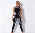  hdfish women's black and grey contrast seamless workout set, high-neck tank top with matching contour leggings
